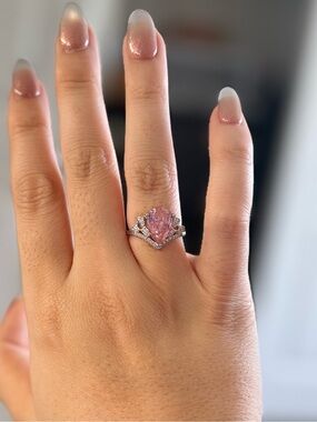 Pear-Cut Pink Stone Wedding Ring Set in Silver Tone
